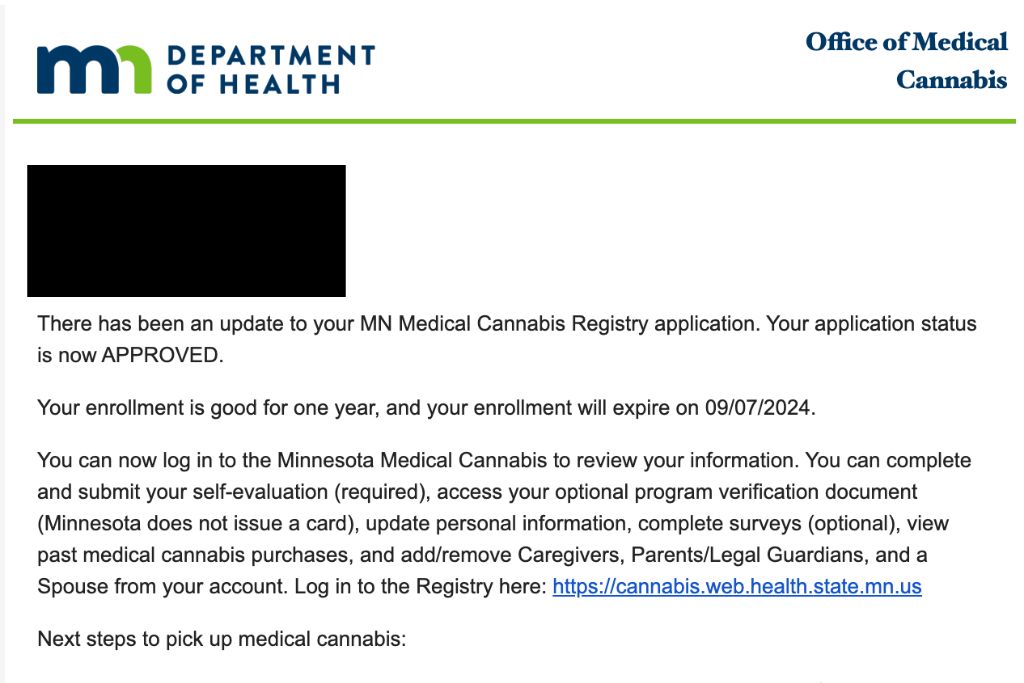 My medical marijuana acceptance letter from my state after using Leafwell's service. 5 star reviews.