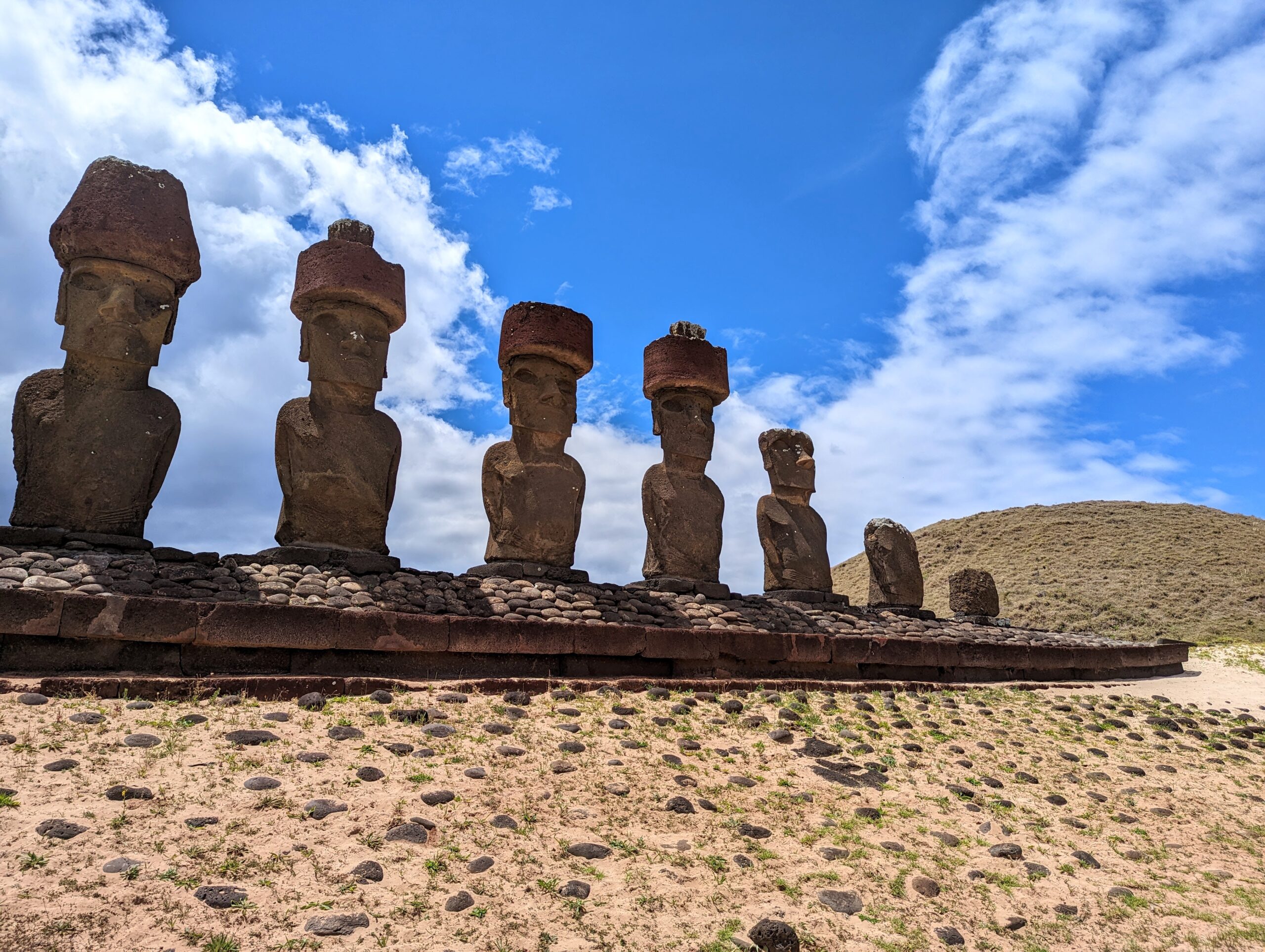 An up close shot of the Moai statues against bright blue skies.