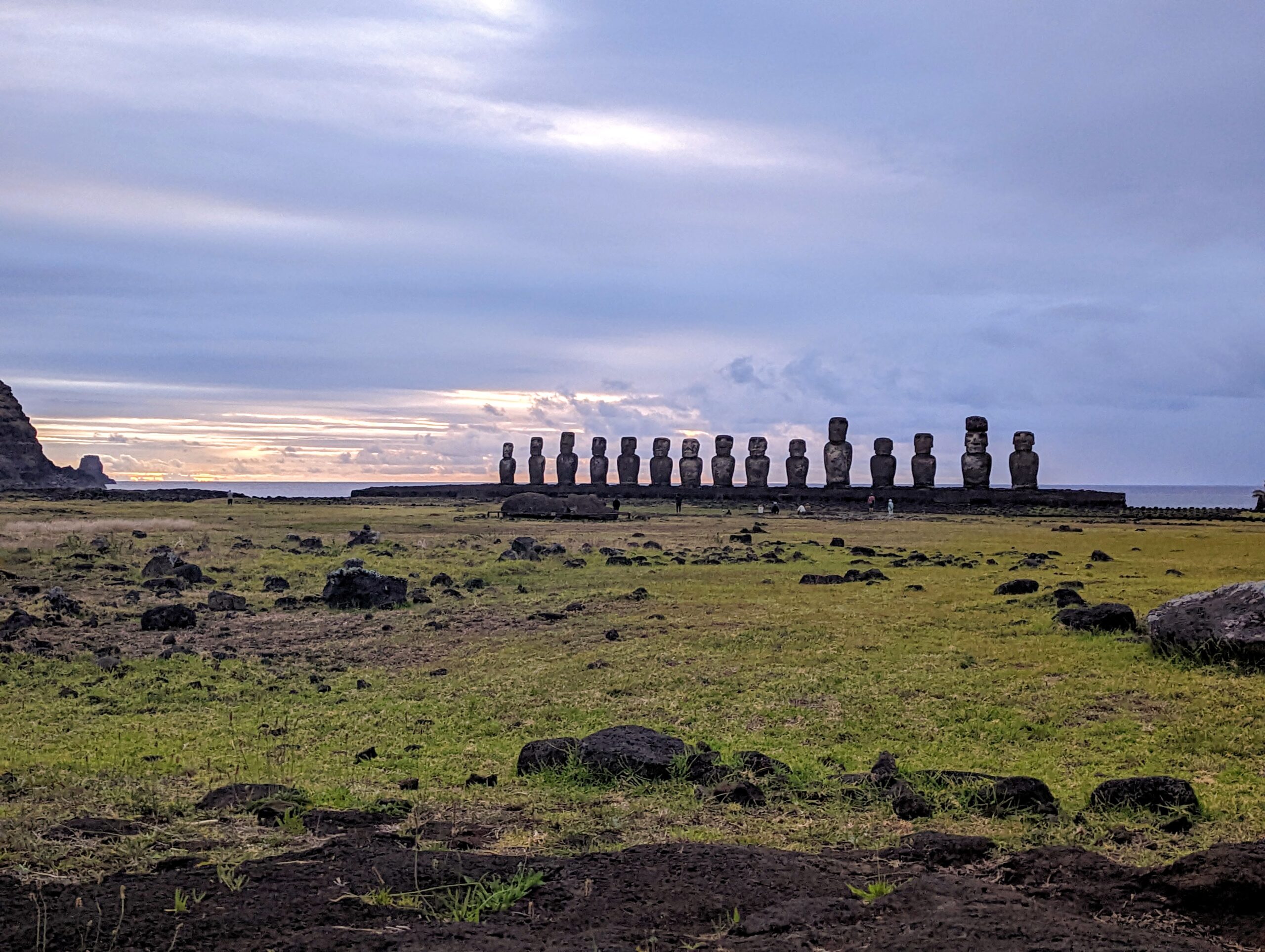 A picture of the Moai statues on Easter Island at sunrise.