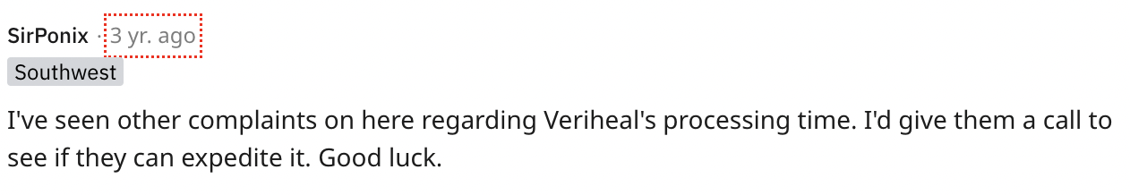 An image of a Reddit thread of users complaining about Veriheal's processing times.