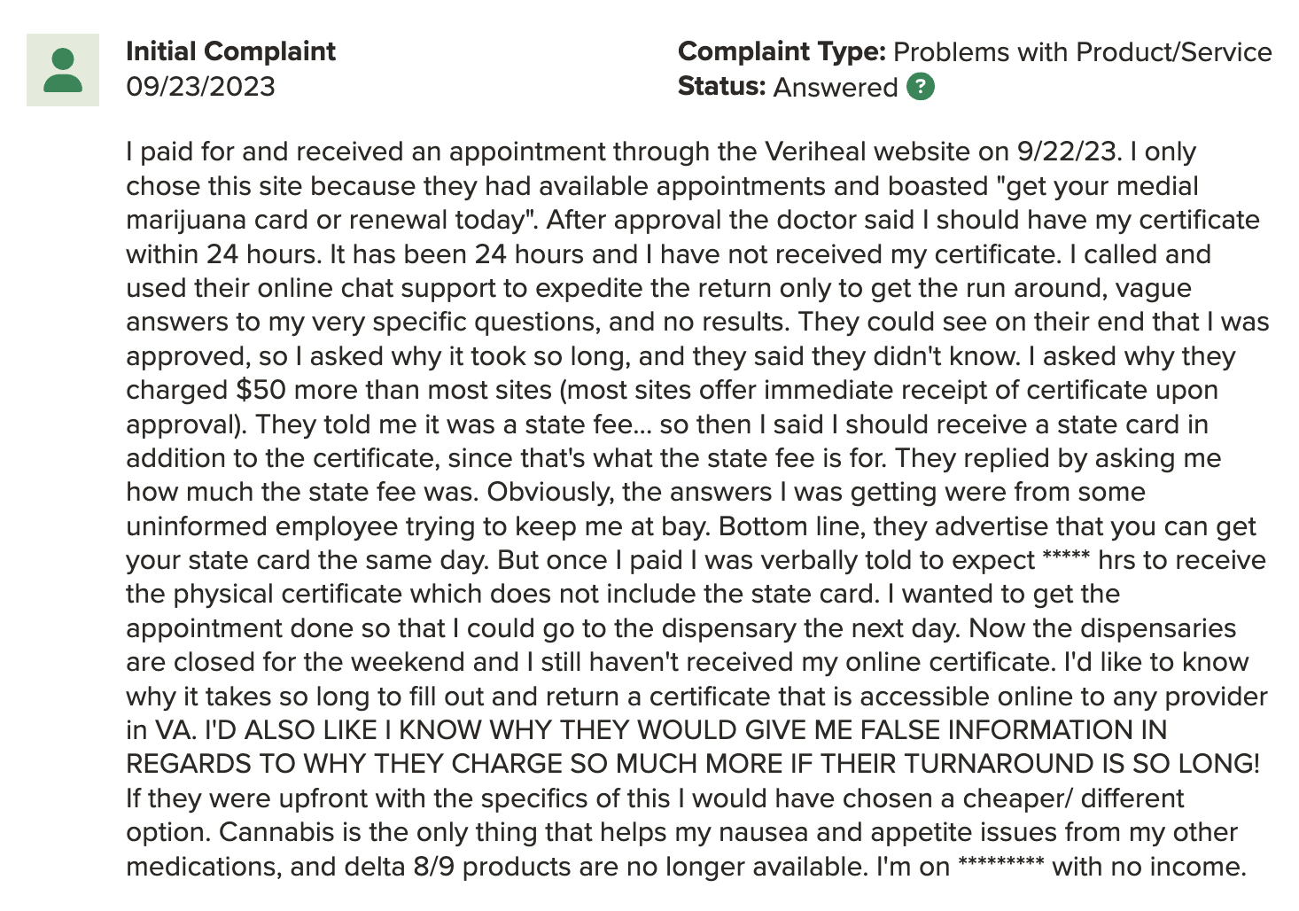 A screenshot of a Google review about Veriheal's less than perfect customer service.