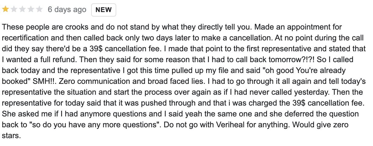 A negative review of Veriheal online.