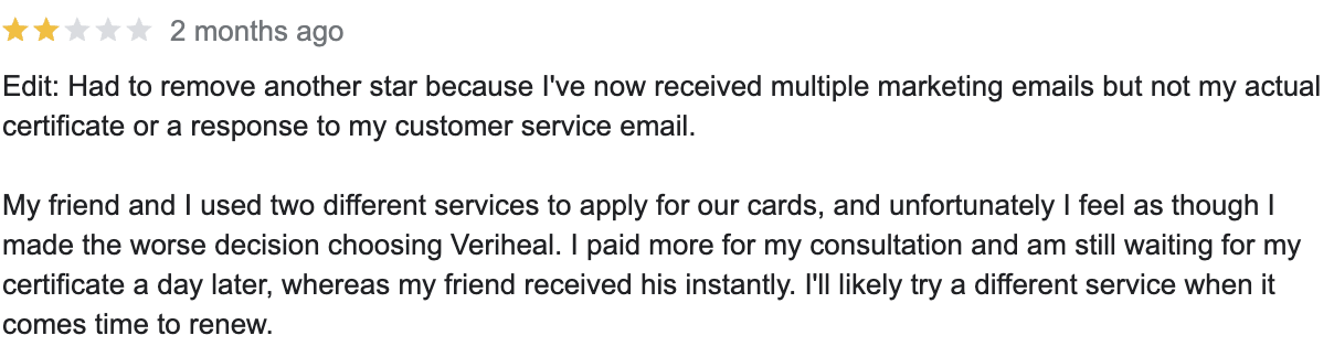 Another image of a customer complaining about Veriheal's customer service.